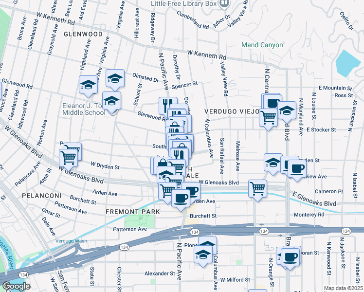 map of restaurants, bars, coffee shops, grocery stores, and more near 1144 North Pacific Avenue in Glendale