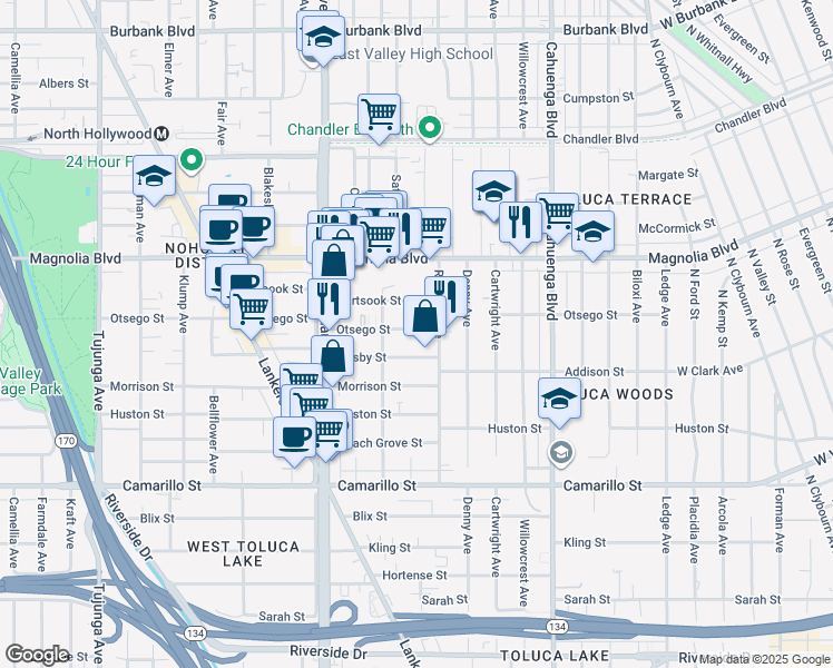 map of restaurants, bars, coffee shops, grocery stores, and more near 10822 Otsego Street in Los Angeles