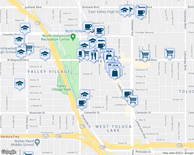 map of restaurants, bars, coffee shops, grocery stores, and more near 5066 Klump Avenue in Los Angeles
