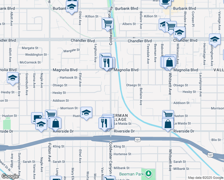 map of restaurants, bars, coffee shops, grocery stores, and more near 5050 Coldwater Canyon Avenue in Los Angeles