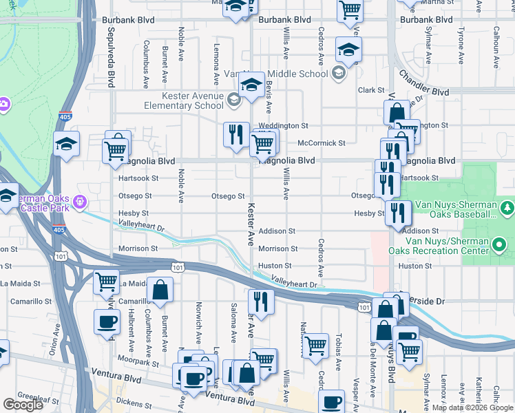 map of restaurants, bars, coffee shops, grocery stores, and more near 14833 Hesby Street in Los Angeles
