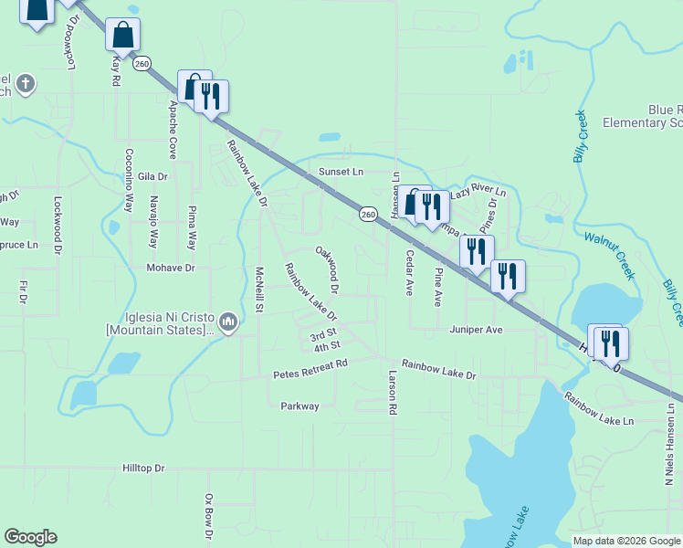 map of restaurants, bars, coffee shops, grocery stores, and more near 2415 Oakwood Drive in Lake of the Woods