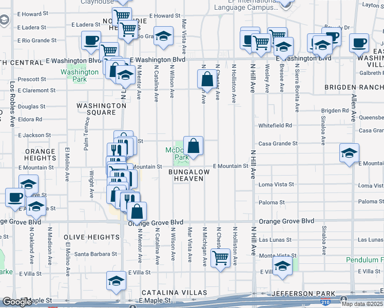 map of restaurants, bars, coffee shops, grocery stores, and more near 958 Mar Vista Avenue in Pasadena