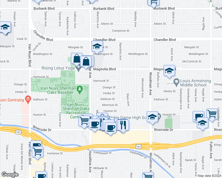 map of restaurants, bars, coffee shops, grocery stores, and more near 13938 Otsego Street in Los Angeles