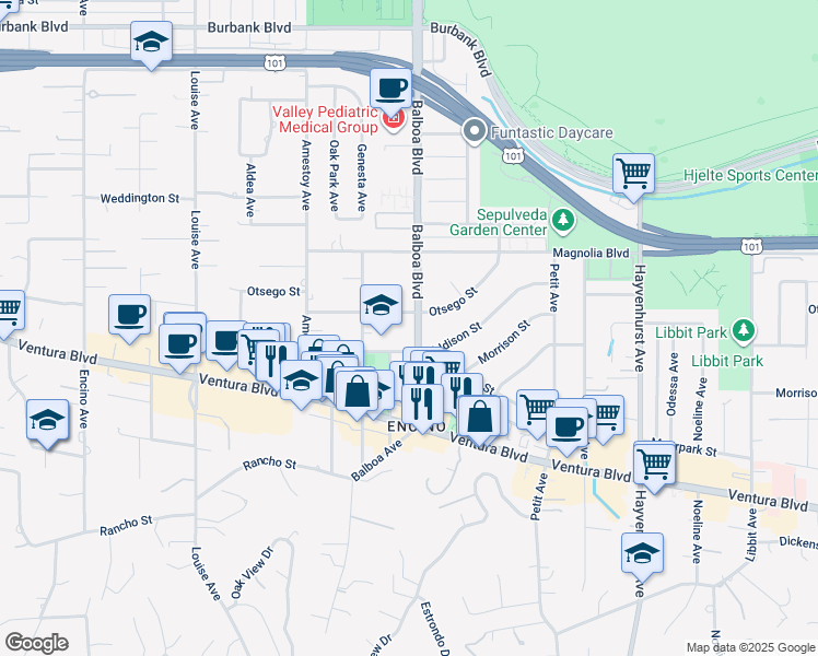 map of restaurants, bars, coffee shops, grocery stores, and more near 5015 Balboa Boulevard in Los Angeles