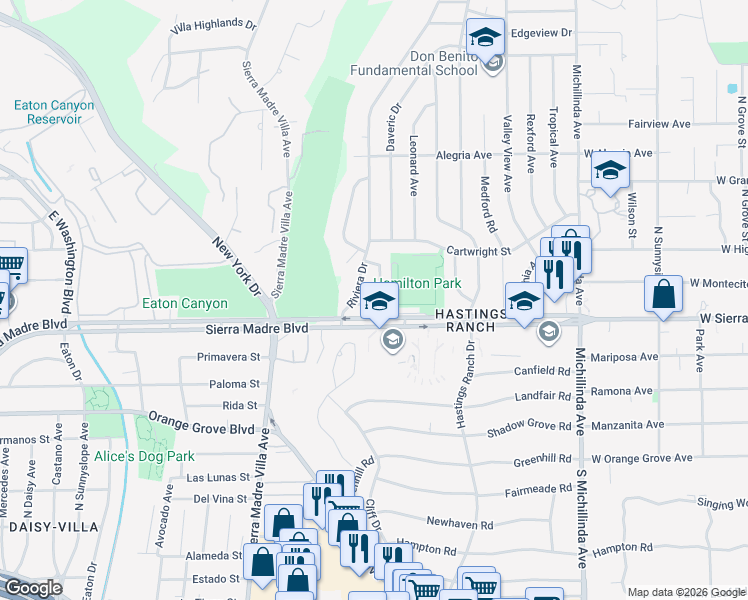 map of restaurants, bars, coffee shops, grocery stores, and more near 929 Crestview Drive in Pasadena