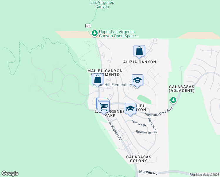 map of restaurants, bars, coffee shops, grocery stores, and more near 5758 Las Virgenes Road in Calabasas