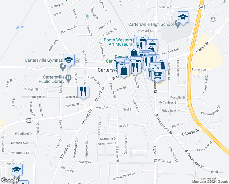 map of restaurants, bars, coffee shops, grocery stores, and more near 140 Leake Street in Cartersville