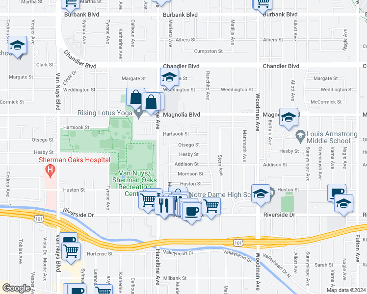 map of restaurants, bars, coffee shops, grocery stores, and more near 14000 Otsego Street in Los Angeles