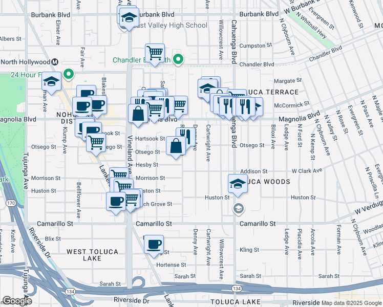 map of restaurants, bars, coffee shops, grocery stores, and more near 5043 Denny Avenue in Los Angeles