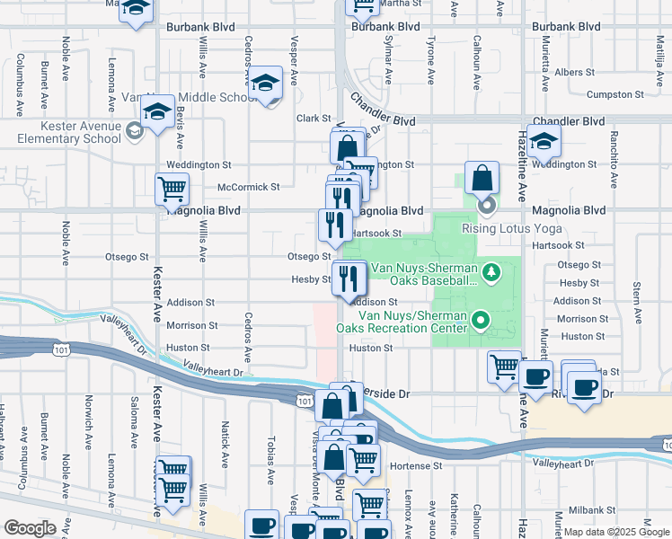 map of restaurants, bars, coffee shops, grocery stores, and more near 5043a Van Nuys Boulevard in Los Angeles