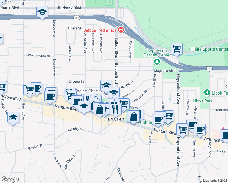 map of restaurants, bars, coffee shops, grocery stores, and more near 5015 Balboa Boulevard in Los Angeles
