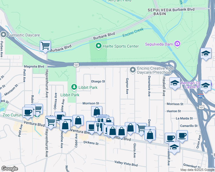 map of restaurants, bars, coffee shops, grocery stores, and more near 5108 Woodley Avenue in Los Angeles