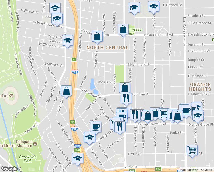 map of restaurants, bars, coffee shops, grocery stores, and more near 970 Kirkwood Avenue in Pasadena