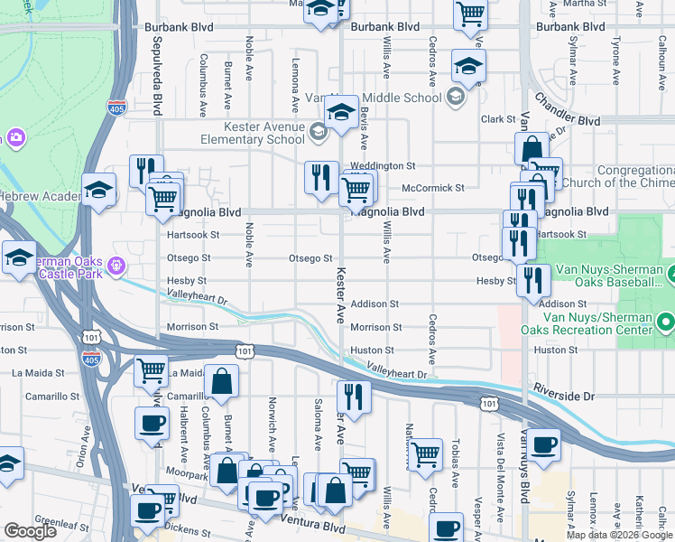 map of restaurants, bars, coffee shops, grocery stores, and more near 5057 Kester Avenue in Los Angeles