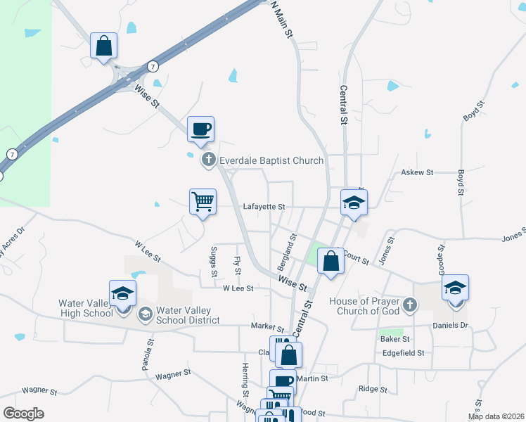 map of restaurants, bars, coffee shops, grocery stores, and more near 1207 Robinson Street in Water Valley