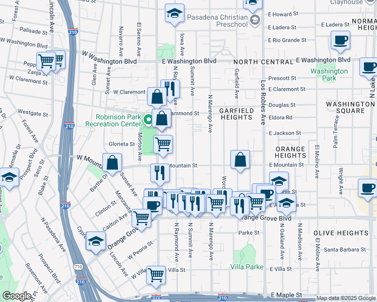 map of restaurants, bars, coffee shops, grocery stores, and more near 964 North Summit Avenue in Pasadena