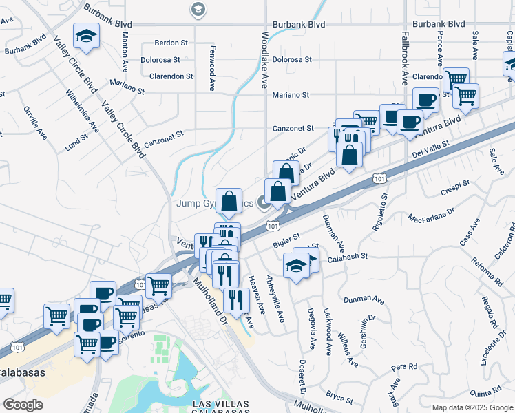 map of restaurants, bars, coffee shops, grocery stores, and more near 23240 Leonora Drive in Los Angeles