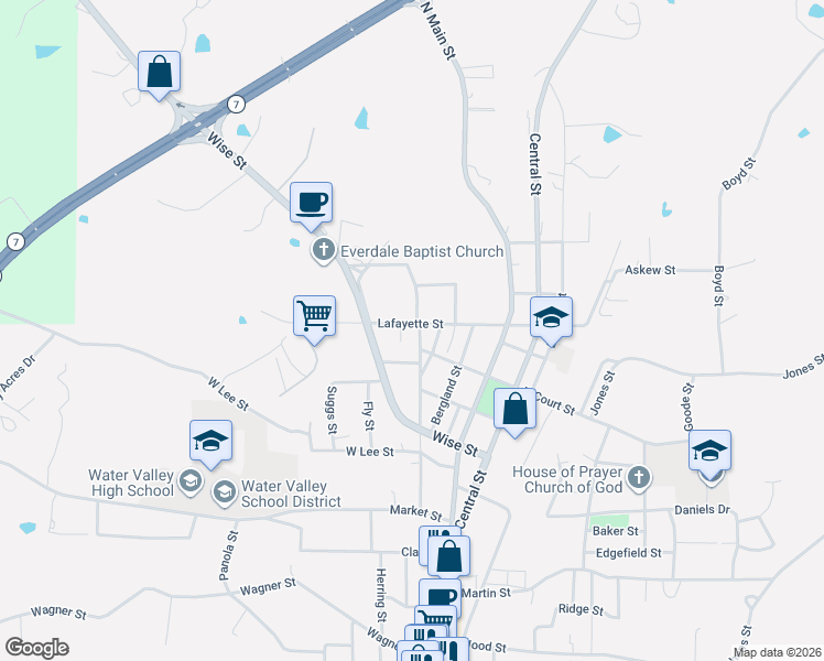 map of restaurants, bars, coffee shops, grocery stores, and more near 1207 Robinson Street in Water Valley