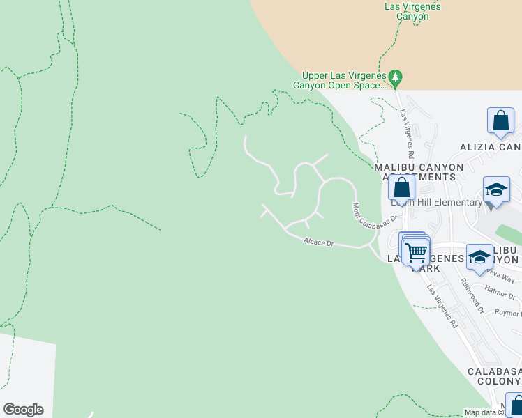 map of restaurants, bars, coffee shops, grocery stores, and more near 26950 Alsace Drive in Calabasas