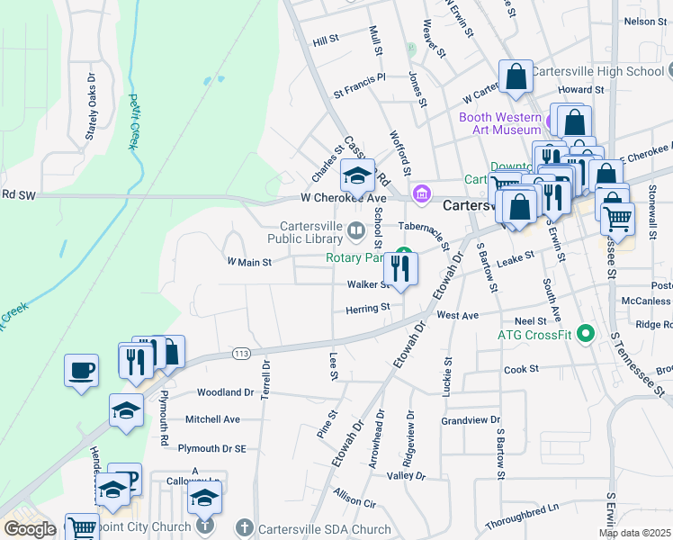 map of restaurants, bars, coffee shops, grocery stores, and more near 108 Lee Street in Cartersville