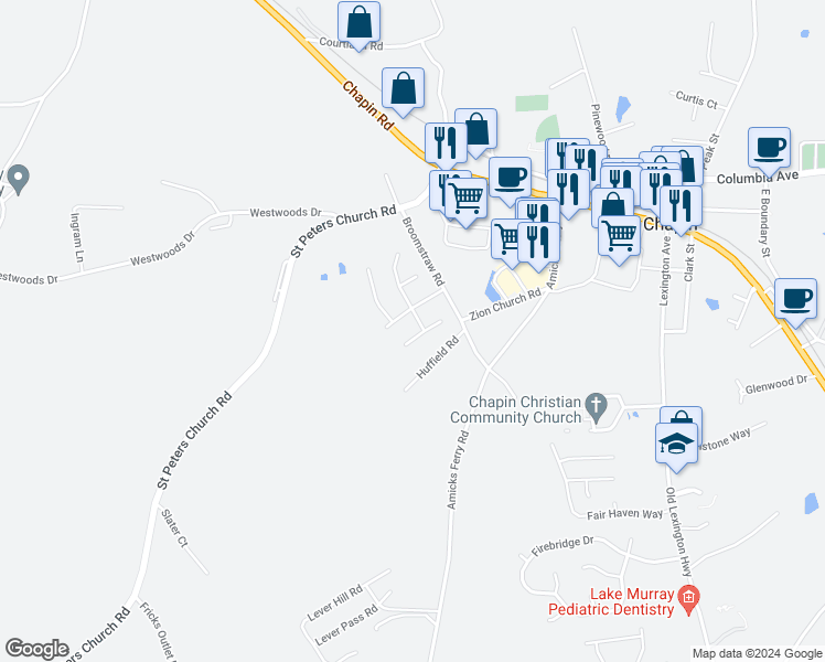 map of restaurants, bars, coffee shops, grocery stores, and more near 536 Turkey Pointe Lane in Chapin