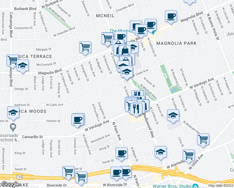 map of restaurants, bars, coffee shops, grocery stores, and more near 715 North Kenwood Street in Burbank