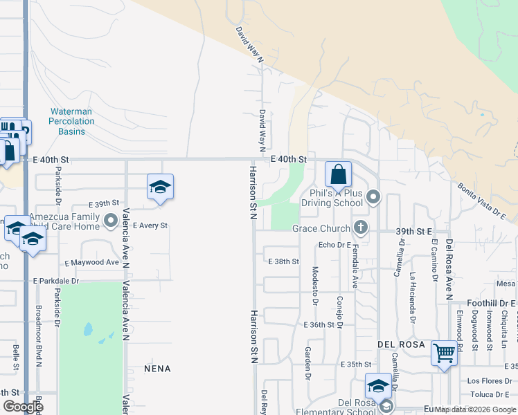 map of restaurants, bars, coffee shops, grocery stores, and more near 3942 Del Rey Drive in San Bernardino