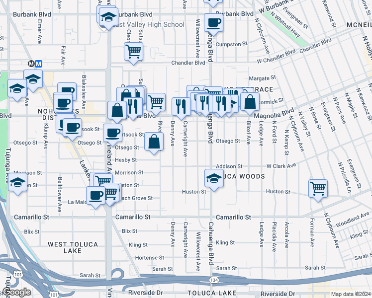map of restaurants, bars, coffee shops, grocery stores, and more near 5044 Cartwright Ave in Los Angeles