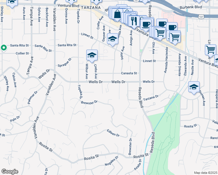 map of restaurants, bars, coffee shops, grocery stores, and more near 18800 Wells Drive in Los Angeles