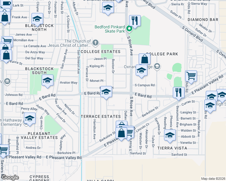 map of restaurants, bars, coffee shops, grocery stores, and more near 1520 Nelson Place in Oxnard