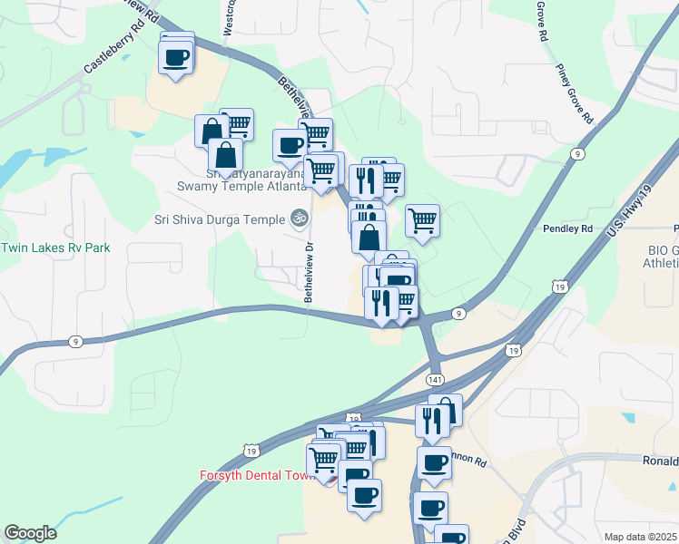 map of restaurants, bars, coffee shops, grocery stores, and more near 6030 Bethelview Road in Cumming