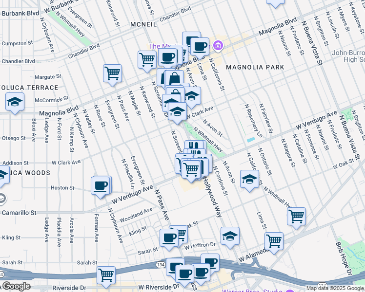 map of restaurants, bars, coffee shops, grocery stores, and more near 700 North Screenland Drive in Burbank