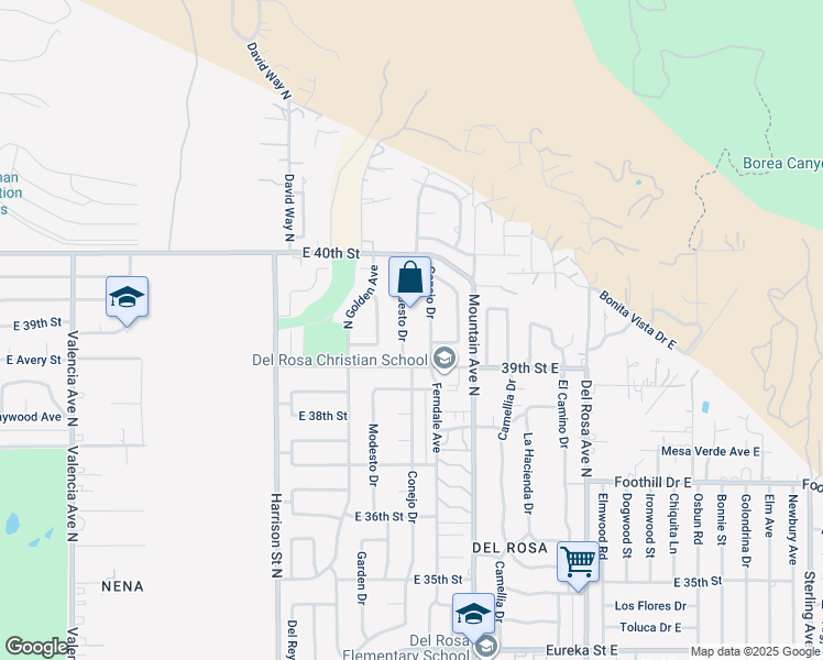 map of restaurants, bars, coffee shops, grocery stores, and more near 3935 Modesto Drive in San Bernardino
