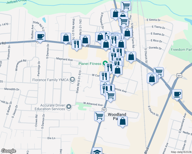 map of restaurants, bars, coffee shops, grocery stores, and more near 2009 West Conyers Avenue in Florence