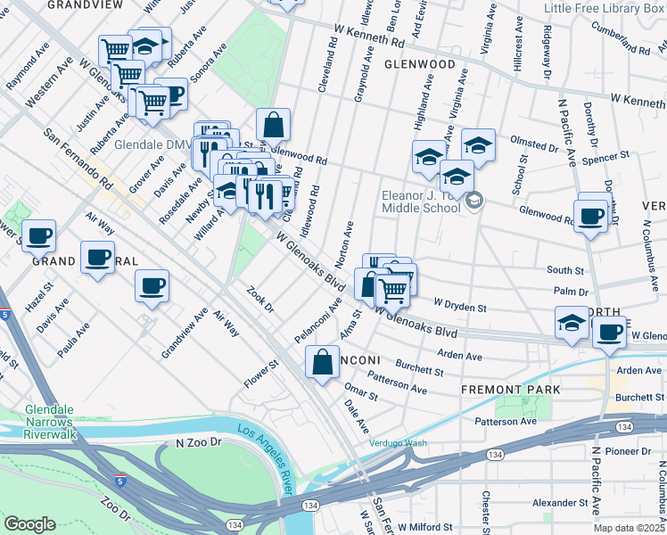 map of restaurants, bars, coffee shops, grocery stores, and more near 1101 Norton Avenue in Glendale