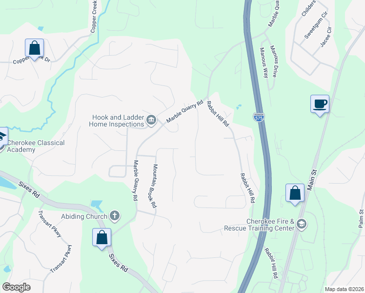 map of restaurants, bars, coffee shops, grocery stores, and more near 2550 Mountain Brook Road in Canton