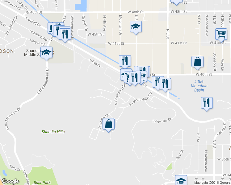 map of restaurants, bars, coffee shops, grocery stores, and more near 3875 Hurd Creek Way in San Bernardino