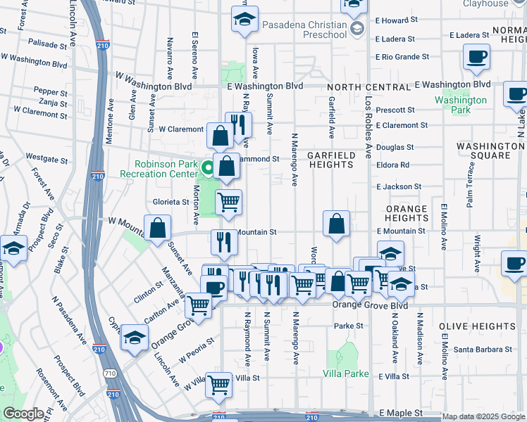 map of restaurants, bars, coffee shops, grocery stores, and more near 965 North Summit Avenue in Pasadena