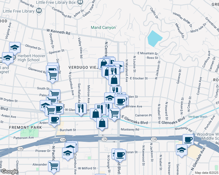 map of restaurants, bars, coffee shops, grocery stores, and more near 1126 North Central Avenue in Glendale
