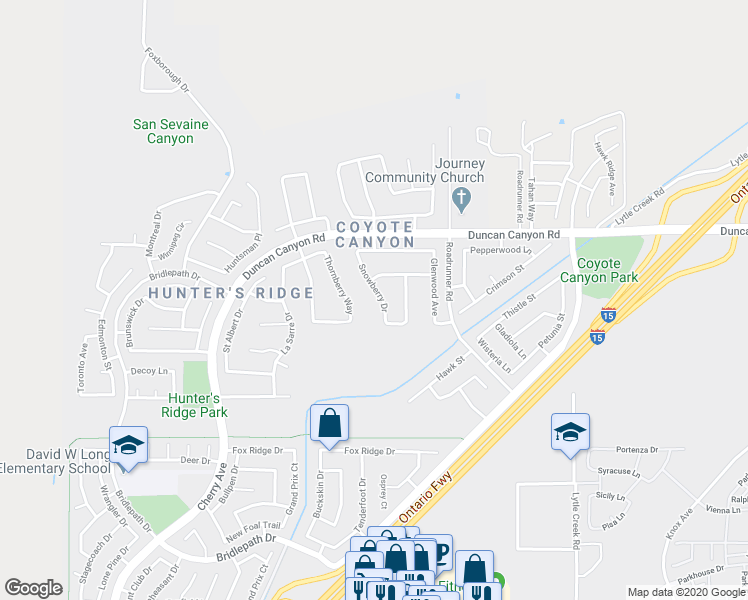 map of restaurants, bars, coffee shops, grocery stores, and more near 5036 Snowberry Drive in Fontana