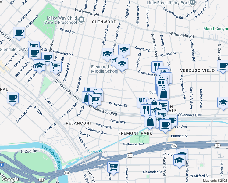 map of restaurants, bars, coffee shops, grocery stores, and more near 724 South Street in Glendale