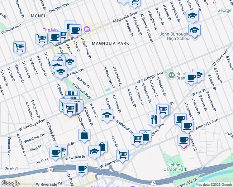 map of restaurants, bars, coffee shops, grocery stores, and more near 3112 West Verdugo Avenue in Burbank