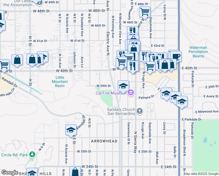 map of restaurants, bars, coffee shops, grocery stores, and more near 279 West 39th Street in San Bernardino
