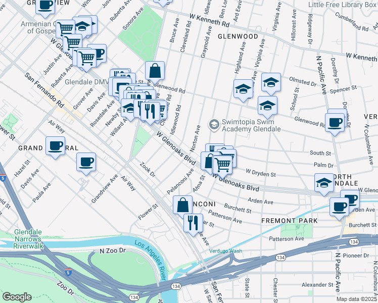 map of restaurants, bars, coffee shops, grocery stores, and more near 1101 Norton Avenue in Glendale