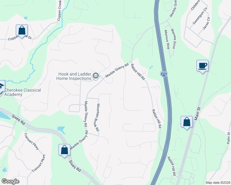map of restaurants, bars, coffee shops, grocery stores, and more near 2550 Mountain Brook Road in Canton