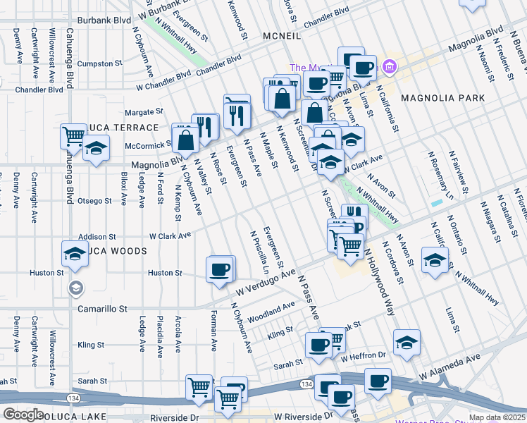 map of restaurants, bars, coffee shops, grocery stores, and more near 740 Evergreen Street in Burbank