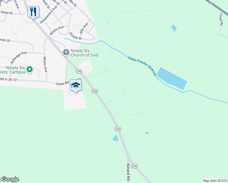 map of restaurants, bars, coffee shops, grocery stores, and more near 121 Davis Drive in Ninety Six