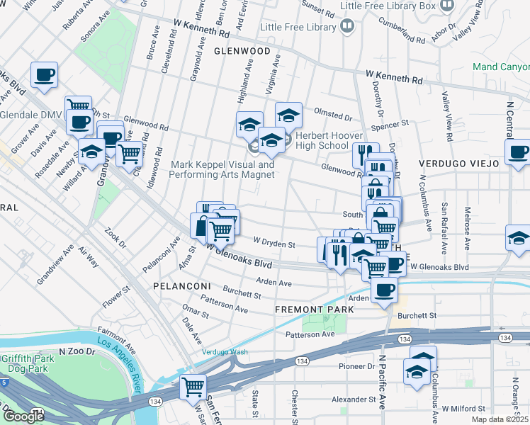 map of restaurants, bars, coffee shops, grocery stores, and more near 724 South Street in Glendale