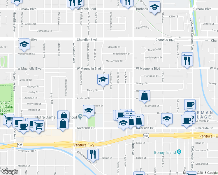 map of restaurants, bars, coffee shops, grocery stores, and more near 5047 Greenbush Avenue in Los Angeles